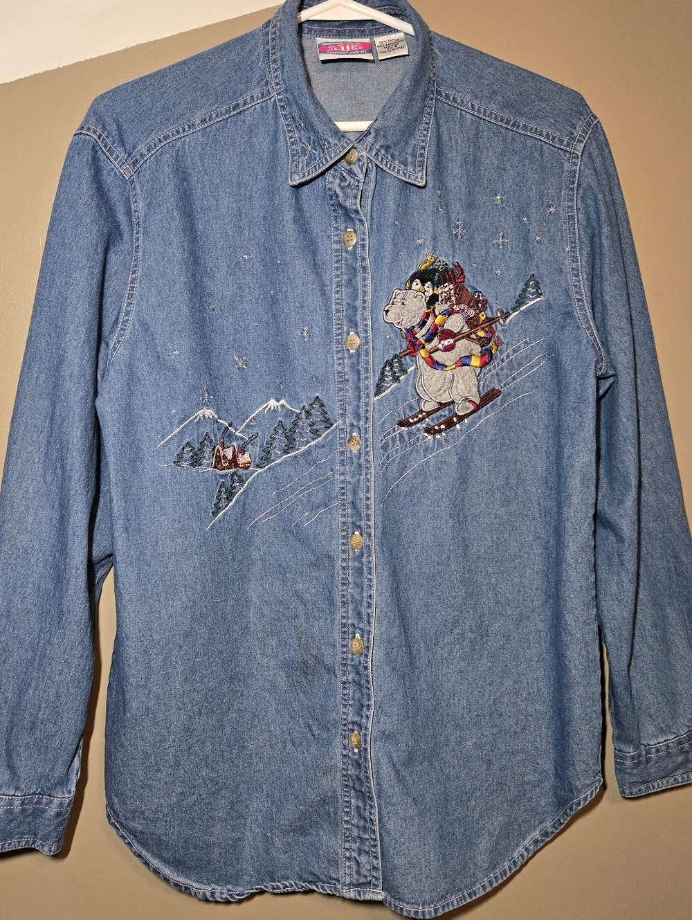 Vintage Cool Blues Womens Denim Button-Up Shirt Ski Embroidered Winter Size 8